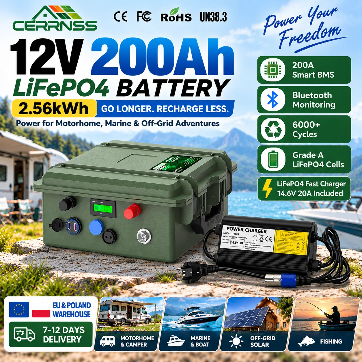 CERRNSS <strong>12v</strong> <strong>100ah</strong> Deep Cycle Lithium Marine <strong>Battery</strong> Handle Portable 24v 200Ah 300ah Solar <strong>Lifepo4</strong> <strong>Battery</strong> for RV Boat Outdoor