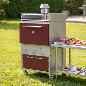 <span class=keywords><strong>Barbecue</strong></span> à charbon de bois de style espagnol avec porte à panneaux rouges, four à rôtisserie pour poulet et bœuf, avec foyer en briques réfractaires intégré - Product Image 1