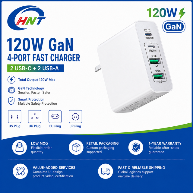 HNT 120W GaN Fast Charger 4 Port USB C PD Wall Charger 2 USB C 2 USB a Power Adapter for Laptop MacBook iPhone US UK EU JP Plug
