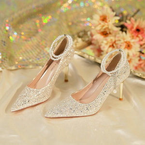 Zapatos de Novia con Tacón de Aguja, Punta en Pico, Pedrería, Correa en el Tobillo, Forro de Satén, Tacón Súper Alto de 8cm - Product Image 1