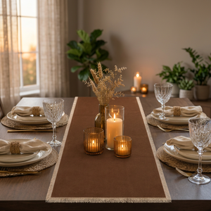 Camino de Mesa de Algodón Marrón Premium con Bordes de Flecos Naturales |   Decoración Rústica para Mesa de Comedor y Textiles para el Hogar - Product Image 5