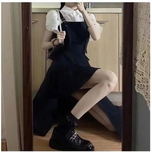 Women's Two Piece Set Black Ruffled Shirt Irregular Suspender Dress Casual Suit Summer Style - Product Image 2