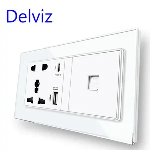 Delviz Wall 2A USB port Universal 16A Power Outlet,Crystal glass Panel, Type C Smart Quick Charge,RJ45 Computer interface Socket