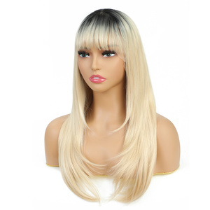 Perruques frontales lisses synthétiques à la mode, perruques frontales lisses <span class=keywords><strong>avec</strong></span> <span class=keywords><strong>frange</strong></span> attachées à la main <span class=keywords><strong>avec</strong></span> une extrémité lisse Blonde grise Ombre <span class=keywords><strong>2022</strong></span> - Product Image 2