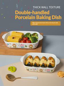 Huage - Plato Rectangular de Porcelana Blanca Pura con Doble Asa, Diseño de Dibujos Animados, Apto para Horno, <span class=keywords><strong>Microondas</strong></span> y Lavavajillas - Product Image 1