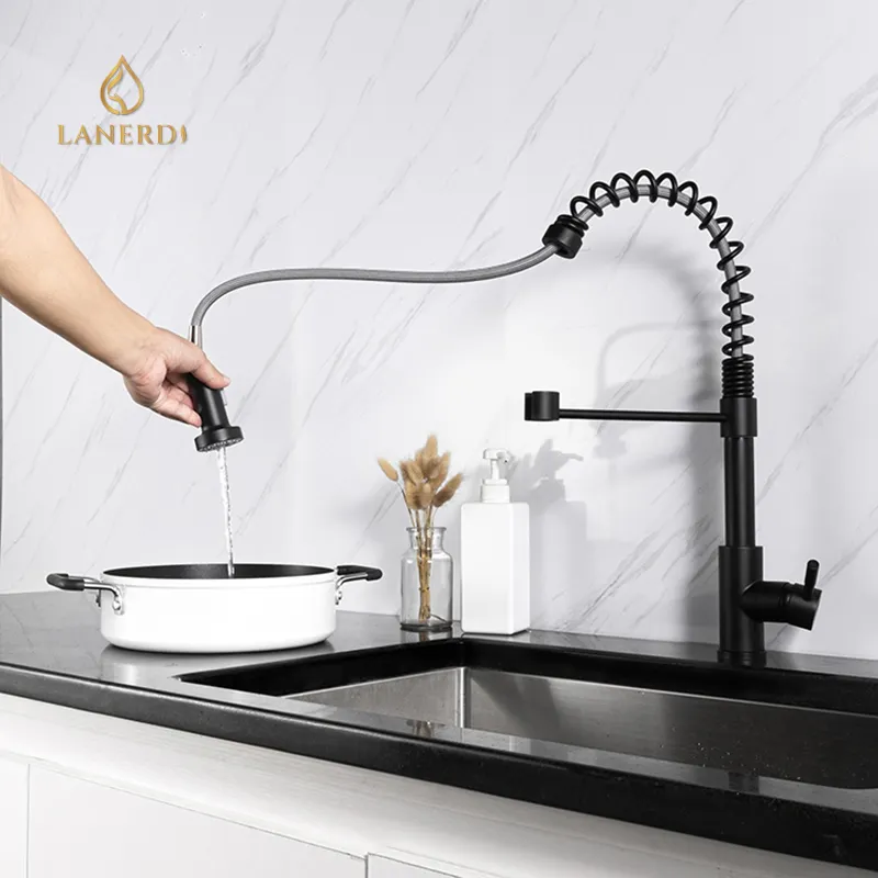 Lanerd Matte Black 304 Rvs Flexibele Slang Pull Down Kitchen Sink Water Enkele Hendel Kraan Mixer Voor Aanrecht