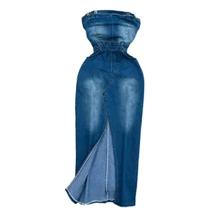 Venta al por mayor de una palabra tubo superior vestido de mezclilla Sexy Slim Slit Retro bolso cadera vestido coreano calle estilo vestido - Product Image 1