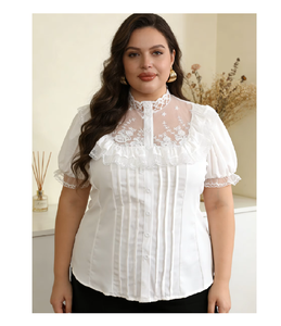 <b>Large</b> Size Cotton Material Women Long Sleeve Blouses Chinese Collar Shirt with Lace - Product Image 5