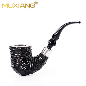 MUXIANG Tobacco Pipe Bent Type Black Engraved Silver Ring Hungarian Big Bend Solid Wood Smoking Pipe - Product Image 1