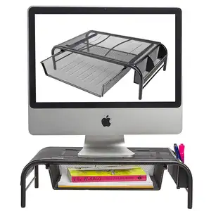 Office Desktop Use mesh Metal Monitor Stand Riser, Portable Sturdy Desk Monitor Stand with Organizer Drawer