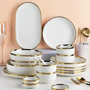 Nordic color glaze vaisselle de luxe gold rimes geschirr teller sets Geschirr Tischware Porzellan Keramik abendessen teller geschirr