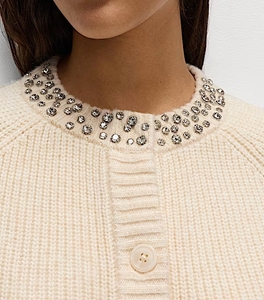 Nhà Máy Tùy Chỉnh Mùa Đông Giản Dị Rhinestone Tôn Tạo Thiết Kế Rắn 100% Merino Len Cardigan Áo Len Foe Phụ Nữ - Product Image 5