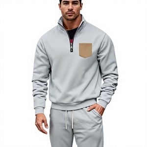 Men's Light Gray Quarter-Zip Sweatshirt Set Solid Color French Terry Cargo Pants Casual Autumn Wear - Product Image 2