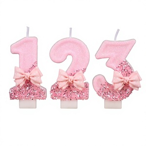 Bougies d'anniversaire numérotées avec nœud <span class=keywords><strong>rose</strong></span>, décorations de gâteau, bougies faites à la main pour la fête d'anniversaire des petites filles d'un an - Product Image 1