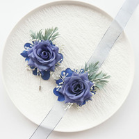 Boutonnière artificielle faite main Rose Bleue avec Hortensia et Verdure pour Mariage, Marié, Bal de Promo, Costume, Revers de Veste