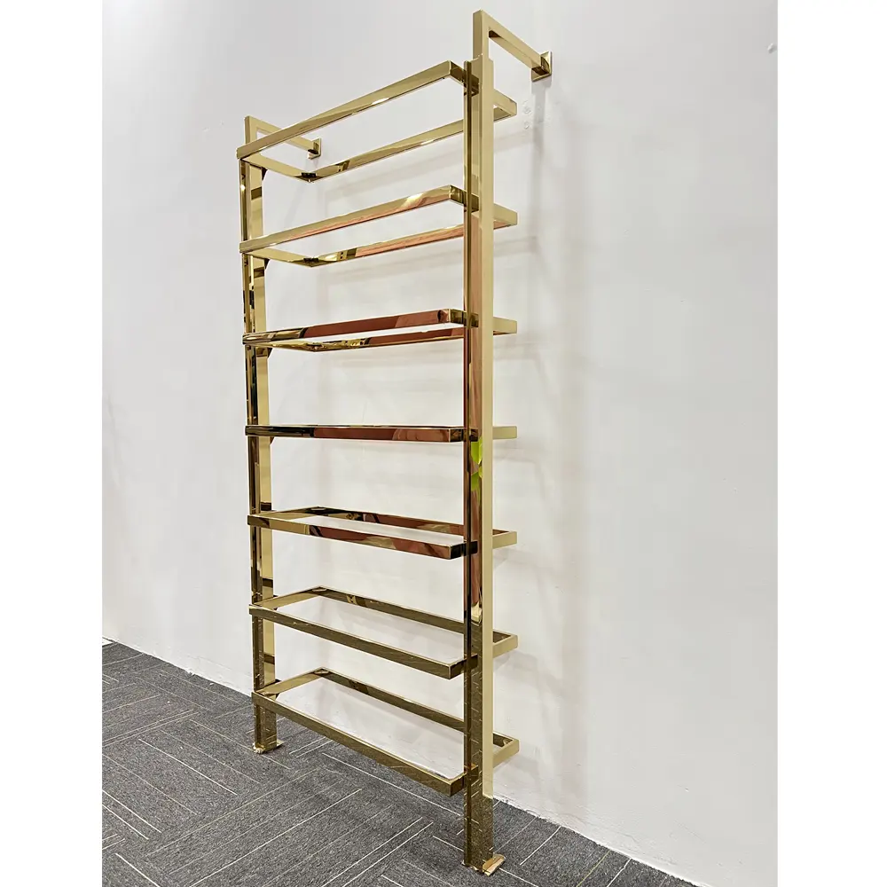 Wall mounted 7 tier Stainless steel gold clothes stands & shoe racks designs all types of shoe bag display racks