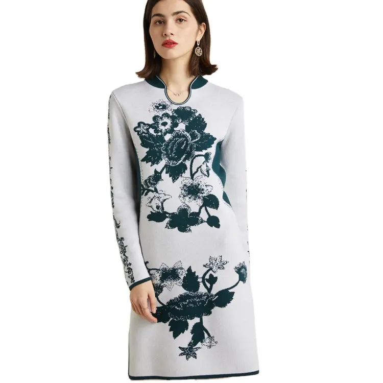 Women jacquard desgin long sleeve qipao dress ladies traditional Chinese style jacquard qipao dress
