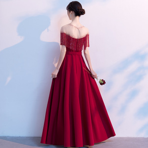 Burgundy Evening Gown Sweetheart Neckline A-Line Illusion Beaded Dress For Banquet Hosts - Product Image 4