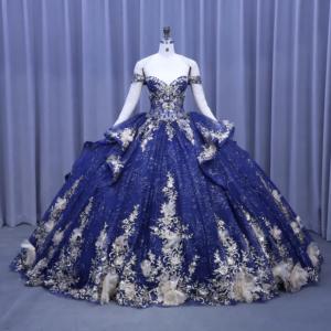 Moderne Koningsblauwe Quinceanera Baljurk Off-Shoulder Pailletten Korset Met Gezwollen Mouwen Vloerlange Galajurk Natuurlijke Taille - Product Image 1