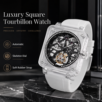 Montres mécaniques automatiques de Tourbillon carré de luxe pour hommes horloge de montre-bracelet de Sport en caoutchouc squelette lumineux