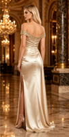 Robe de soirée sirène en satin champagne à épaules dénudées avec corsage perlé et fente haute – Robe de luxe – Fournisseur en gros de robes de soirée