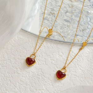 Collar de Joyería con Colgante de Corazón de Ágata Rubí Chapado en Oro de 18k, de Acero Inoxidable, Resistente al Agua y al Deslustre, con Logotipo Personalizado para Mujer - Product Image 4