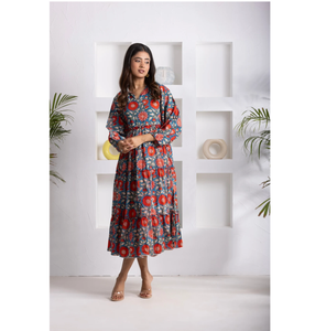 Cotton Midi Turquoise Floral Dress for <b>Women</b> with Ruffle Sleeves Hand Block Print Boho Summer Vacation Holiday Resort Outfit - Product Image 1