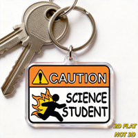 Attention : Porte-clés en acrylique avec figurine de scientifique en course, style panneau d'avertissement rectangulaire, chaîne + anneau