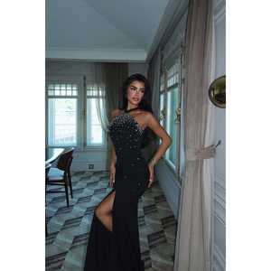 Robe de soirée noire à taille empire, manches courtes, décorations perlées et sequins, motifs floraux et plumes 3D, longueur ras du sol, coupe droite, pour bal de promo, taille XL - Product Image 3