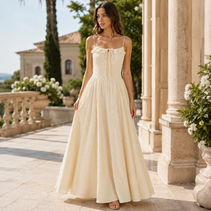 Robe longue personnalisée pour <span class=keywords><strong>femme</strong></span>, bretelles spaghetti, smockée, coupe trapèze, style bohème, pour la plage, l'été, les invitées de mariage, en coton, fabricant de vêtements - Product Image 4