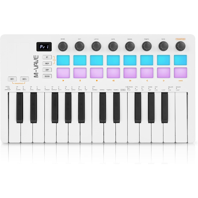 M-WAVE 25 Key USB MIDI Keyboard Controller With 16 Backlit Drum Pads Bluetooth Semi Weighted Professional Dynamic Keybed