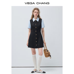 Vestido <span class=keywords><strong>de</strong></span> Dos Piezas Estilo Preppy Personalizado <span class=keywords><strong>de</strong></span> VEGA CHANG <span class=keywords><strong>para</strong></span> Mujer, con Cuello en Contraste y Botones Dorados - Product Image 3