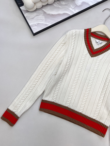 Pull élégant pour femme en tricot torsadé à col en V, bordure côtelée contrastante, manches longues, style décontracté preppy - Product Image 5