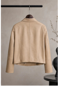 Giacca Corta in Vera <span class=keywords><strong>Pelle</strong></span> di Pecora per <span class=keywords><strong>Donna</strong></span>, Collo a Punta Grande, Linee Geometriche, Elegante <span class=keywords><strong>Blazer</strong></span> in <span class=keywords><strong>Pelle</strong></span> per Uso Quotidiano, Primavera-Autunno - Product Image 3