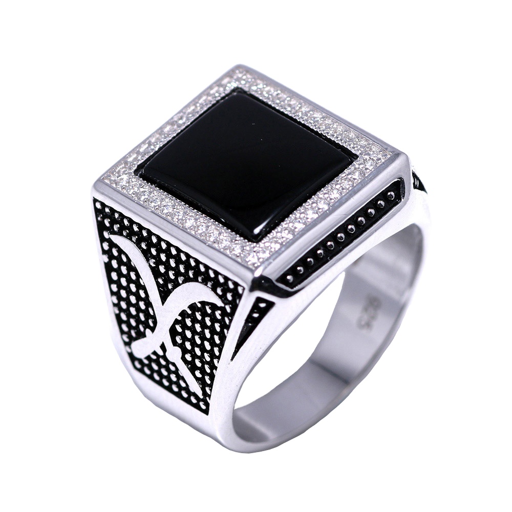 ★TOU★ [Silver925] NC019 Onyx Pattern Ring Chimoda Arrow Pattern Sterling Silver Ring for Men Onyx Stone