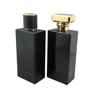 Frasco de perfume preto retangular de 100ml, frasco vazio de vidro para perfume, atomizador e crimpagem com pulverizador e tampa dourada preta