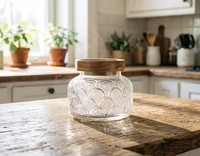Stoples Kaca Embos Vintage Tutup Bambu 350ml, Wadah Teh Transparan, Anti Lembab, Untuk Dapur, Makanan, Gula, Camilan