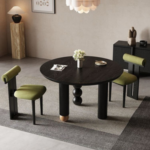 Solid Wood Rectangle Dining <b>Table</b> <b>Matte</b> Black Cylindrical Carving Stable Combination Dining Room Furniture - Product Image 3