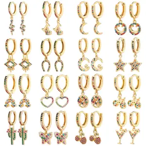 Designer Womens Earrings Custom 18k Gold Plated 925 Sterling Silver Colorful Zircon Circle Star Butterfly Diamond Cherry Huggie Hoop Earrings For Women
