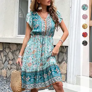 2023 Summer Women Casual Floral Print Loose Dresses Midi Beach Bohemian Dresses