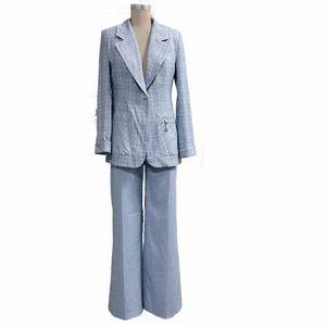 Ánh sáng màu xanh rô đơn ngực phù hợp với thiết lập Blazer và loe quần phù hợp với phụ nữ - Product Image 1