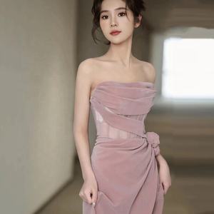 Vestido de Novia <span class=keywords><strong>Rosa</strong></span>, Elegante, Ligero, de Lujo, Sexy, sin Tirantes, Largo, con Abertura, para Banquete, Vestido de Compromiso - Product Image 1