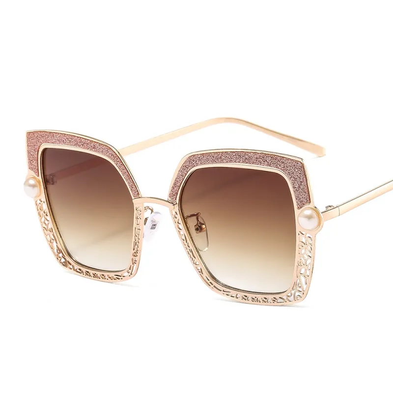 Fashion New Arriving Pearl Diamond Sun Glass Mental Square Women Sunglasses For Lady