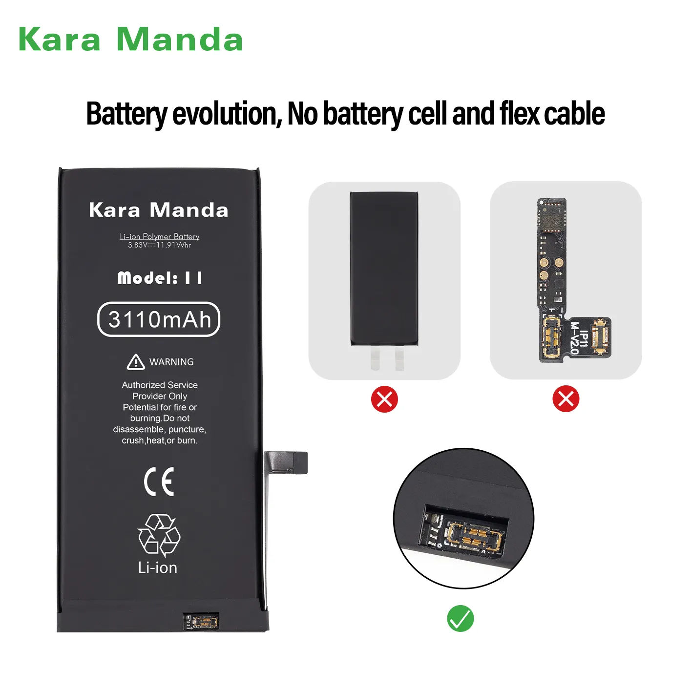 Kara Manda 100% cuộc sống Pin điện thoại cho Iphone giải quyết cửa sổ bật lên sửa chữa pin không cần Flex và di động cho Iphone 11 pin sức khỏe 100%
