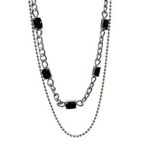 Hip Hop Vieux Diamant Noir Incrusté Double Couche Collier Clavicule Chaîne Accessoires