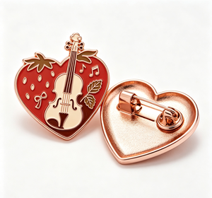 Pin de esmalte de violín musical con forma de corazón y fresa, chapado en oro, de aleación de zinc, temática de San Valentín, artesanía metálica - Product Image 3