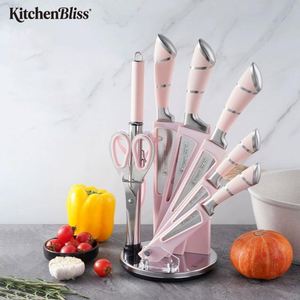 Juego de Cuchillos de Cocina Profesional Kitchenbliss de 9 Piezas con Bloque, Tijeras de Acero Inoxidable, Pelador de Verduras, Juego de Cuchillos con Mango Rosa - Product Image 1
