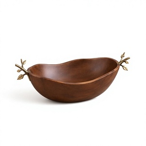 Heavy Duty Walnut Finished Mango Wood Serving Bowl Organic Centerpiece with Sculpted <b>Twig</b> Handles - Product Image 1