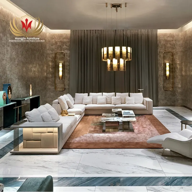 HJ HOME Luxury L shape living Room Furniture Corner Sofa Set Cushion Leather Modular Villa Couch Set With LED Light