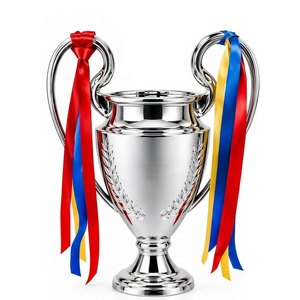Coupe de trophée en métal argenté avec de grandes poignées et des rubans rouges, bleus et jaunes - Product Image 1